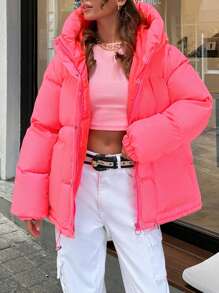 EURMUSE DAZY Solid Zip Up Big Hooded Puffer Thick Winter Coat - Pink - View 4