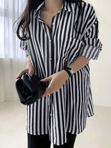 INAWLY Plus Size Striped Print Front Button Pocket Long Sleeve Shirt Fall Cloth For Women - Black and White - View 1