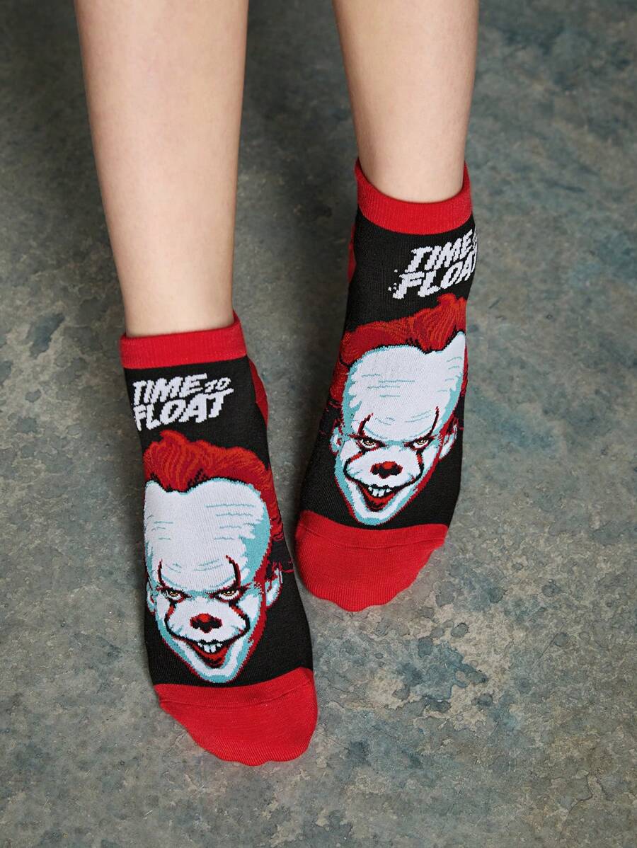 IT x SHEIN 2 件装女式恐怖主题和字母印花万圣节短袜 - 彩色 - 查看 1