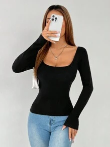 SHEIN PETITE Camiseta de felpa de primavera para mujer de cuello de pico de unicolor - Negro - Ver 5