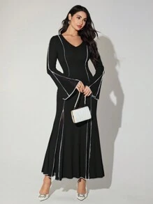 Modelyn Đầm dạ hội dài tay thanh lịch cổ chữ V phối màu cho nữ - Đen và trắng - Xem 8