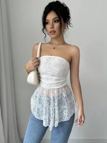 Chiquease Women's White Lace Ruffle Hem Bandeau Top