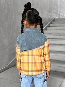 SHEIN Explorewe Young Girls Long Sleeve Plaid Patchwork Distressed Denim Loose Fit Pockets Button Down Casual Shirt - Multicolor - View 2