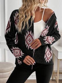 SHEIN LUNE Women's Jacquard Rhombus Pattern Casual Cardigan - Black - View 6