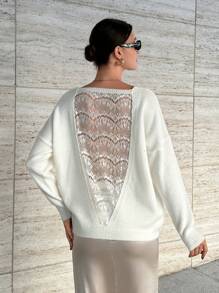 SHEIN Cottnline Pulover pulover elegant, cu gât rotund, cu dantelă la spate - alb - Vizualizare 1