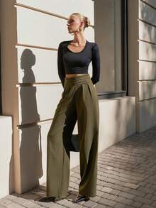 EURMUSE Damskie proste spodnie w jednolitym kolorze z paskiem - Czarne - Zobacz 4