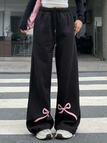 DAZY 女士弹力腰带蝴蝶印花直筒宽松运动裤，带保暖内衬 - 黑色 - 查看 4
