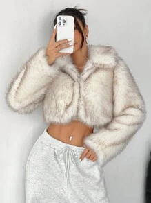 SHEIN PETITE Plush Gradient Women's Fake Fur Jacket, Cropped Style, Warm And Suitable For Autumn And Winter - White - View 4