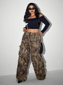 SHEIN ICON ICON Plus Size Women's Low Rise Leopard Print Cargo Trousers