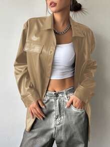 DAZY Camisa cortavientos holgada con cuello de PU para mujer