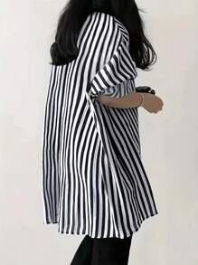 INAWLY Plus Size Striped Print Front Button Pocket Long Sleeve Shirt Fall Cloth For Women - Black and White - View 2