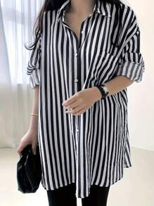 INAWLY Plus Size Striped Print Front Button Pocket Long Sleeve Shirt Fall Cloth For Women - Black and White - View 3