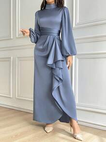 Modelyn Đầm dài tay thanh lịch cổ đứng màu trơn cho nữ Đầm dạ hội dài - Màu xanh bụi bặm - Xem 4