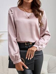 EMERY ROSE Women's Elegant Commuter Style Round Neck Long Sleeve Shirt