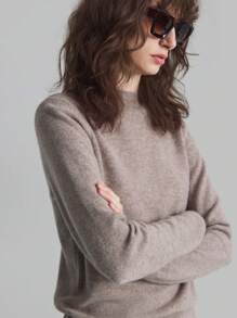 Ontre Women's Four Seasons Light Brown 100% Wool Woolen Top, Seamless Soft Knitted Wool Trade, Minimalist Style, Old Money Style Woolen Top In Fall/Winter