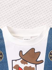 SHEIN 男婴奶牛印花圆领短袖 T 恤和拼布流苏裤休闲 2 件套服装，春夏 - 藍色 - 查看 4