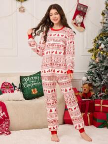 Conjunto de 2 piezas de atuendo a juego familiar para adolescentes, set de camiseta con gráfico navideño/de Año Nuevo y pantalones, otoño/invierno 2024 - Multicolor - Ver 1