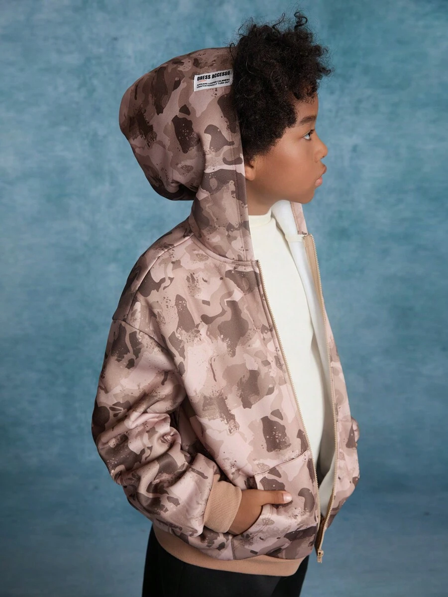 SHEIN Tween Boy Loose Casual Camouflage Print Hooded Jacket - Grey - View 1