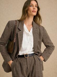 Poéselle 时尚卡其色复古休闲格纹西装外套，适合多种场合，长袖西装外套，配有隐形衬里和口袋，适合办公室和休闲场合，量身定制的剪裁，永恒的图案，现代风格，适合有抱负的职业女性，可选择搭配格纹西装裤，2024 秋冬