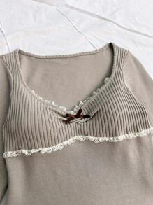 Soleia Áo len cổ tròn viền ren đi nghỉ mát cho nữ WYWH có nơ trang trí kiểu áo cánh ba lê - Màu be - Xem 4