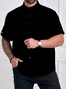 Manfinity Homme Camisa casual de verano para hombre de talla grande de unicolor con botones y mangas cortas