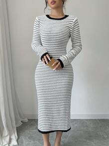 Calvaya Women's Backless Tied Strap Striped Form-Fitting Knitted Bodycon Sweater Dress