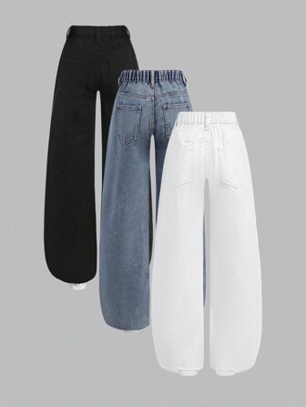 SHEIN Tween Girls 波西米亚风休闲基本款不对称松紧腰毛边七分牛仔裤 3 件套，带扁平口袋，日常 OOTD 物品