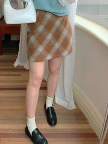 DAZY 女式格子 A 字裙，秋冬款 - 咖啡棕 - 查看 4