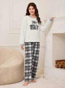 2 bộ đồ ngủ in hình gấu kẻ sọc thanh lịch cho bé gái tuổi teen và quần dài ấm áp tại nhà mùa đông - Nhiều màu - Xem 4
