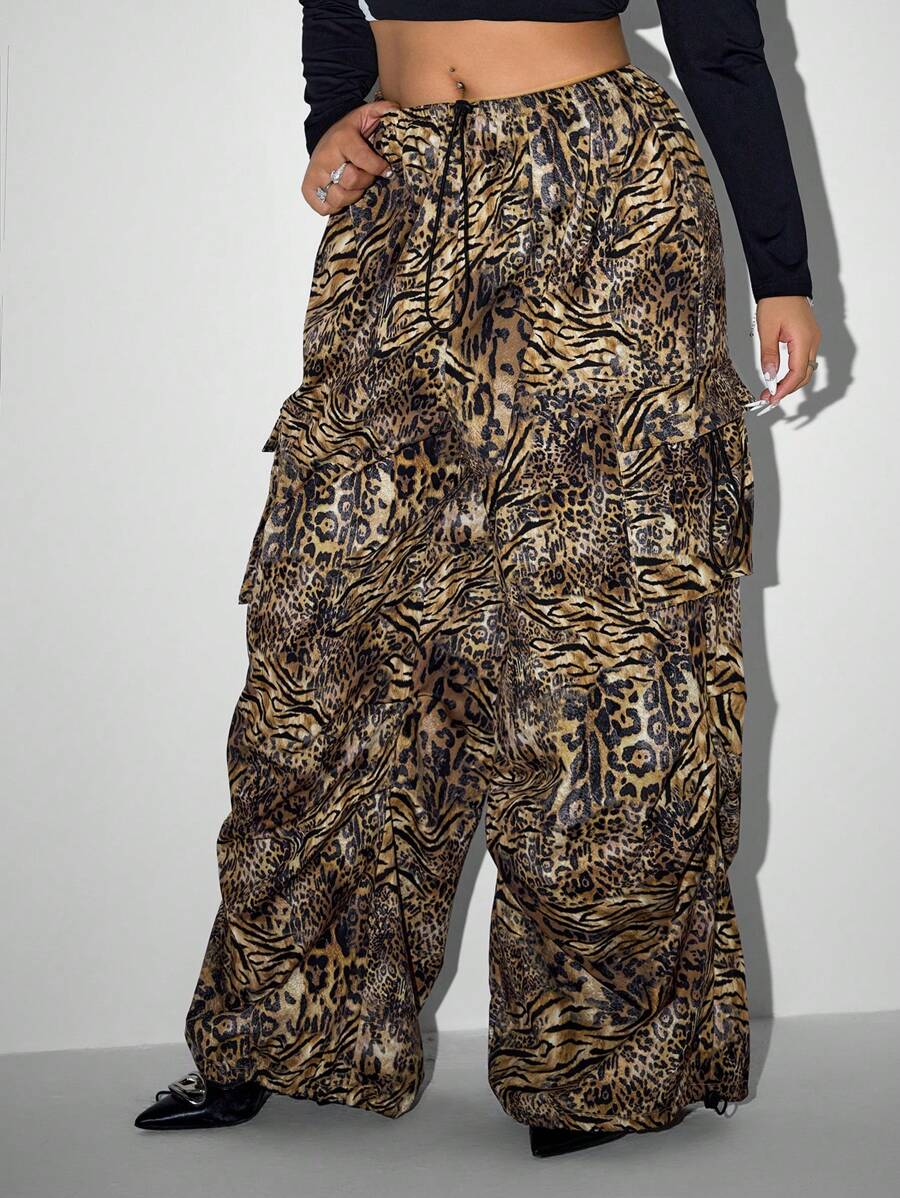 SHEIN ICON ICON Plus Size Women's Low Rise Leopard Print Cargo Trousers