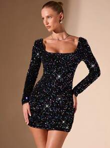 SHEIN BAE Vestido negro corto y sexy para fiesta/cita/despedida de soltera/disfraz de musical/cóctel/Halloween, vestido corto deslumbrante y exquisito con cuello cuadrado sin espalda, tirantes cruzados, mini vestido con lentejuelas brillantes de color, vestido negro de graduación, conjuntos de mujer para club, vestido de terciopelo con lentejuelas - Negro - Ver 4