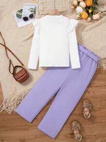 Sparklyn 2pcs/Set Tween Girl Valentine's Day Heart Print Ruffle Trim Long Sleeve Top And Pants Set, Spring & Fall