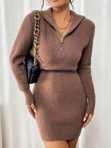 Chiquease Abito maglia elegante con collo alto, maniche lunghe e cerniera, stile maglia, adatto per autunno/inverno - Cachi - Visualizzare 1