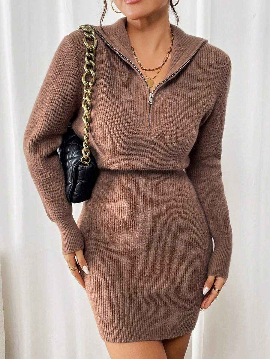 Chiquease Abito maglia elegante con collo alto, maniche lunghe e cerniera, stile maglia, adatto per autunno/inverno - Cachi - Visualizzare 1