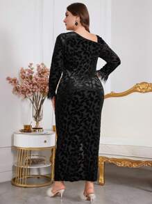 Modelyn Vestido midi de manga larga elegante de talla grande con malla y plumas, cuello asimétrico, ajuste slim para mujer, vestido ajustado de cóctel y fiesta para fiesta de noche, invitada de boda, aniversario