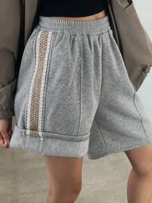 DAZY 女士弹性腰部撞色带短裤休闲宽松短裤 - 灰色 - 查看 6