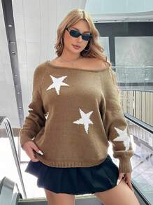 SHEIN EZwear Plus Size Open Shoulder Star Pattern Sweater