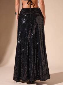 SHEIN BAE Autumn/Winter Sequin Embellished Glamorous Sexy Women's Long Mermaid Skirt, Suitable For Nightclub, Party, Graduation, Birthday Gathering, Halloween Outfits