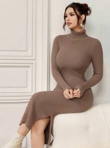 Modelyn Women's Solid Color Turtleneck Long Sleeve Side Split Hem Elegant Knitted Sweater Dress, Autumn/Winter Fall Cloth For Women - Coffee Brown - View 5