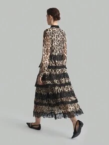 Ontre Vestido elegante de dama para cóctel de manga larga con mezcla de estampado de leopardo marrón y volantes de manga larga negra de gasa