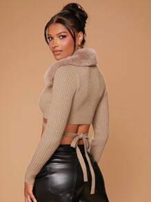 Hauture Fur Collar Rib Knit Wrap Around Cardigan Top - Khaki - View 3