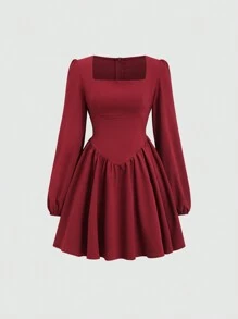 Sweetra Women's Spring Summer Solid Collared Lantern Sleeve Ruffle Hem Elegant A-Line Mini Dress - Burgundy - View 1