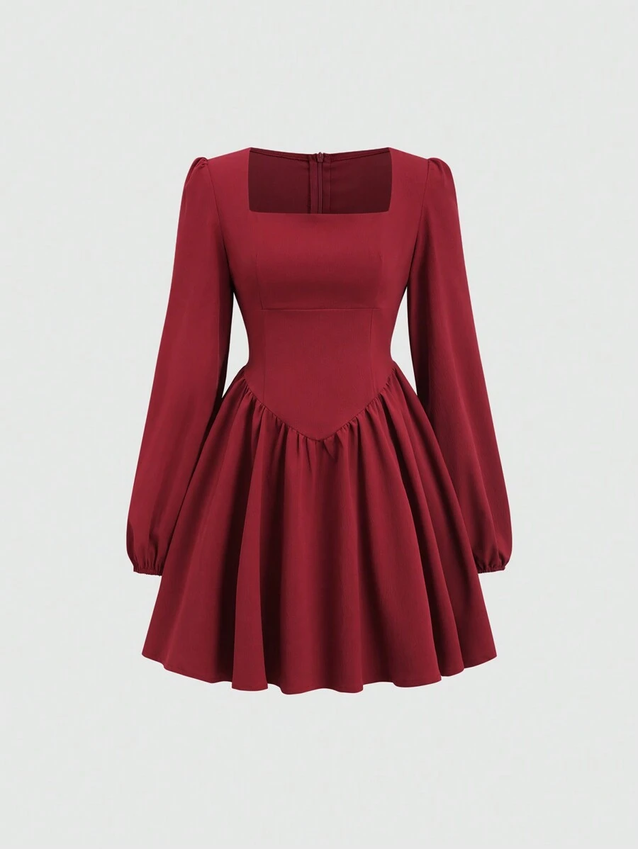 Sweetra Women's Spring Summer Solid Collared Lantern Sleeve Ruffle Hem Elegant A-Line Mini Dress - Burgundy - View 1