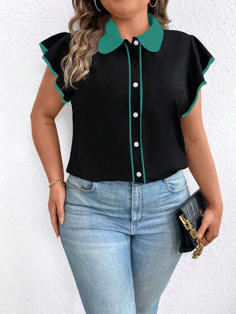 SHEIN Clasi 大码女式夏季撞色领盖袖宽松优雅黑色衬衫 - 綠色 - 查看 1