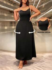 Celure Plus Size Plunge V Neck Criss-Cross A-Line Slip Dress - Black - View 2