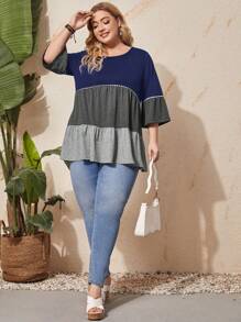 EMERY ROSE Plus Size Women Summer Contrast Color Round Neck Short Sleeve Loose Ruffle Trim T-Shirt