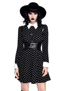 ROMWE Avant 星期三角色扮演波尔卡圆点印花女式连衣裙，万圣节 - 黑與白 - 查看 6