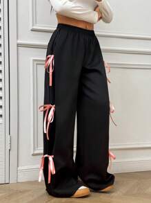 SHEIN EZwear 春夏季甜美可爱的粉色蝴蝶结腰带裤 - 黑色 - 查看 1
