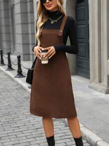 SHEIN LUNE Solid Color Thick Strap Sleeveless Mid-Length Dress, Autumn/Winter Corduroy Women Outfit