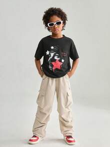 SHEIN 男童直筒褶皱口袋休闲工装裤 - 米色 - 查看 7